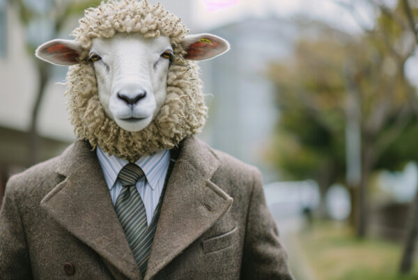 A sheep portrayed as a business professional stands outdoors wearing a classic suit and tie, looking directly at the camera with a calm, confident expression.