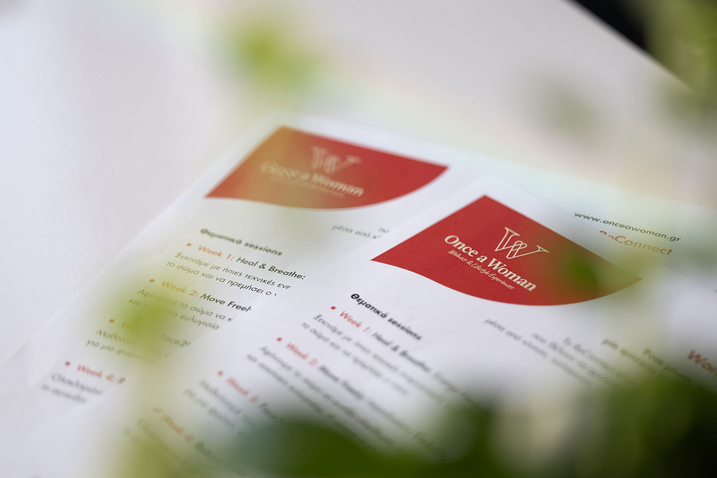 Printed program overview for a Once a Woman workshop, showing session structure and branding on a table