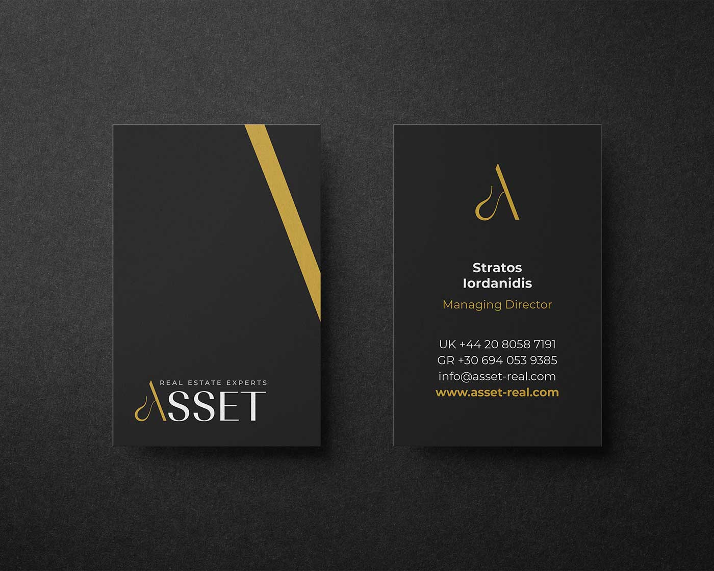 Minimal black and gold business card design for Asset real estate brand, featuring logo, contact details, and premium typography