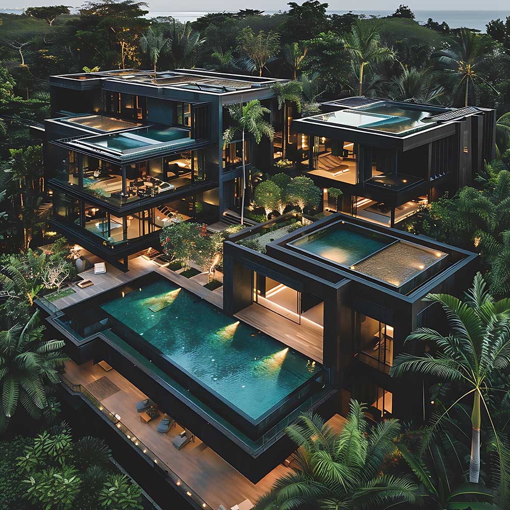 Luxury modern residential complex with dark architectural volumes, pools, and lush tropical landscaping at night.