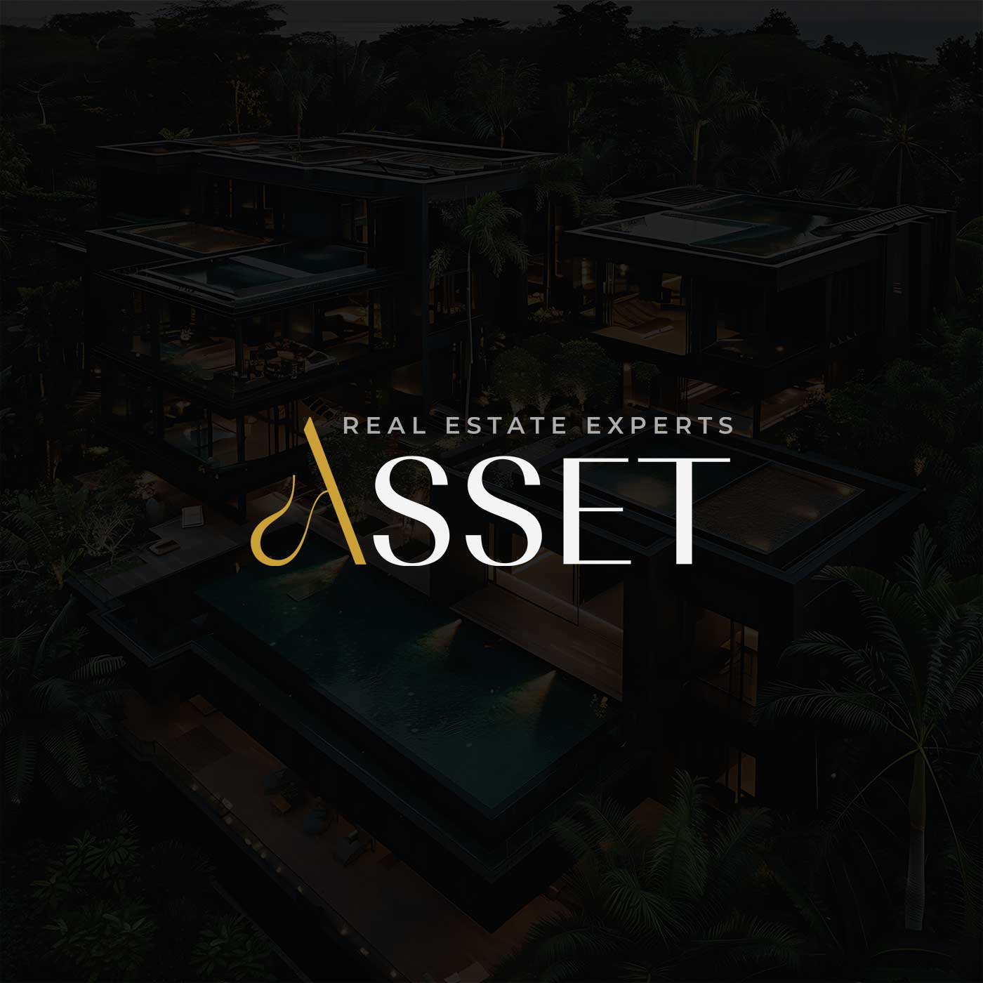 Asset real estate brand logo applied over luxury modern villas at night, highlighting premium positioning and architectural focus