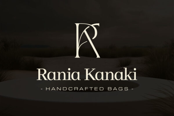 Rania Kanaki logo for handcrafted bags, featuring an elegant RK monogram and serif typography on a dark atmospheric background