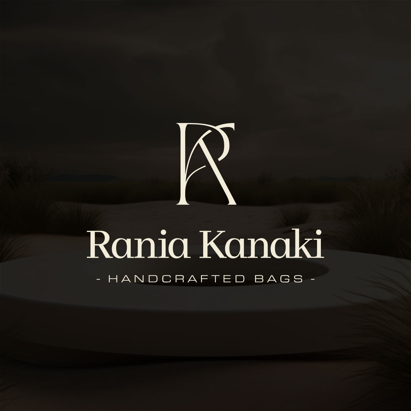 Rania Kanaki logo for handcrafted bags, featuring an elegant RK monogram and serif typography on a dark atmospheric background