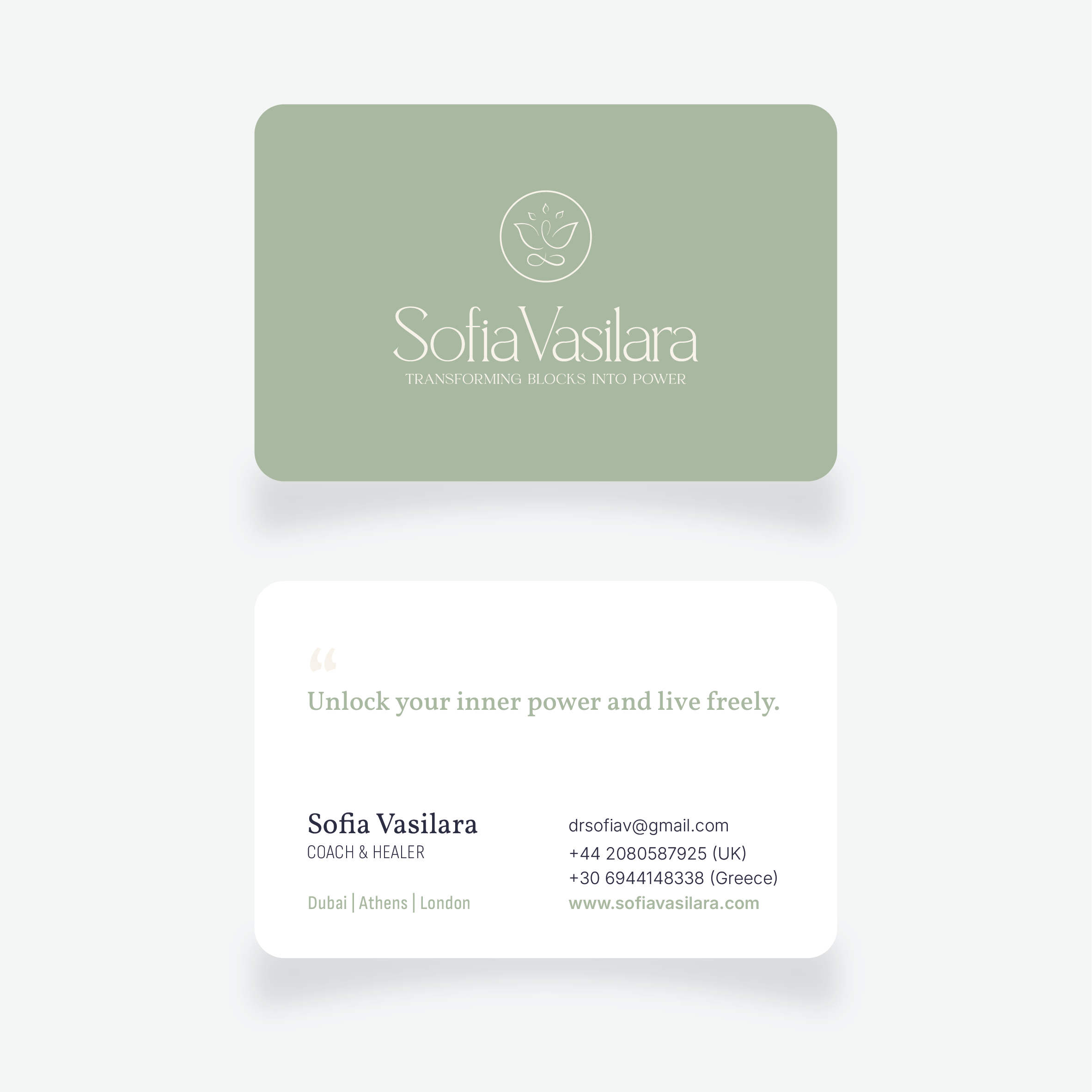 Front and back view of Sofia Vasilara business card design in soft green and white tones with logo, tagline, and contact details