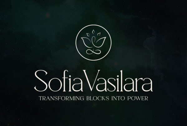 Sofia Vasilara logo with lotus symbol and the tagline Transforming blocks into power on a dark cosmic background