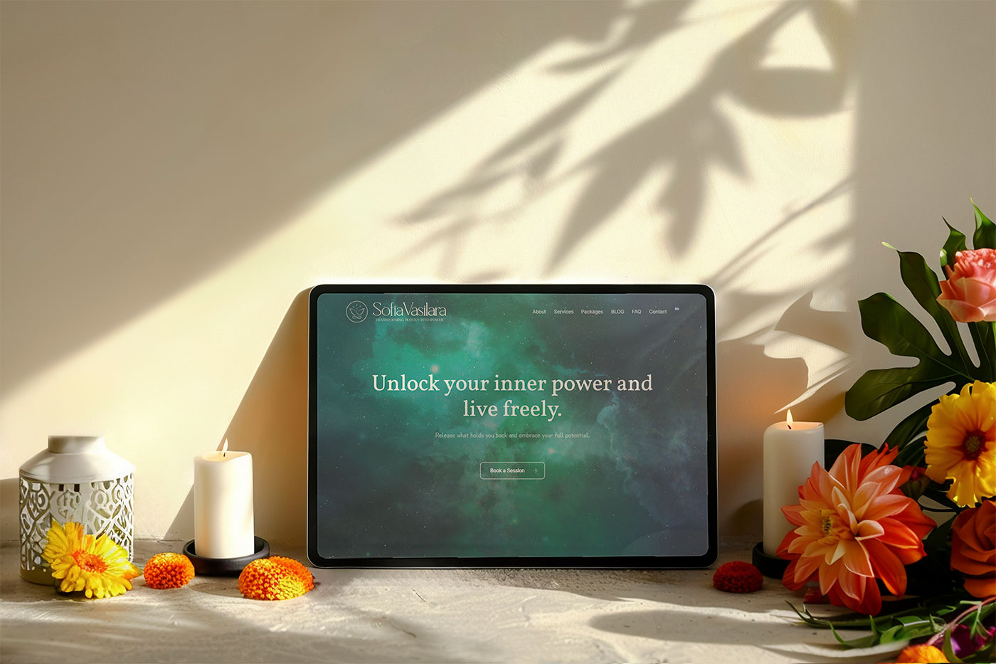 Tablet displaying the Sofia Vasilara website homepage in a calm wellness setting with candles, flowers, and soft natural light