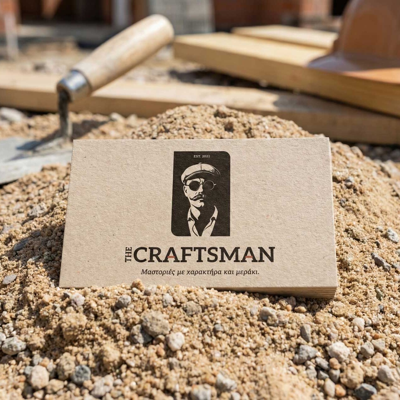 The Craftsman business card placed on construction sand, featuring the brand’s portrait logo and tagline