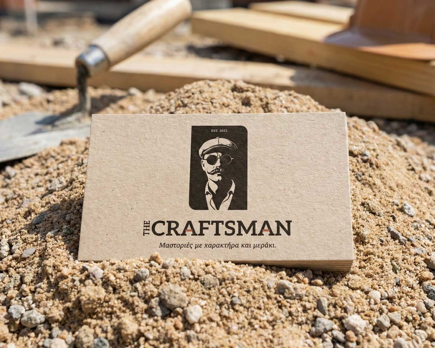The Craftsman business card placed on construction sand, featuring the brand’s portrait logo and tagline
