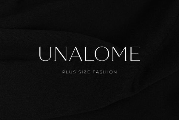 Unalome logotype with the tagline “Plus Size Fashion” on a dark textured background